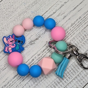 Blue and Pink Alien Love Wristlet With Silicone Beads Charm Stretches 7.5&quot;