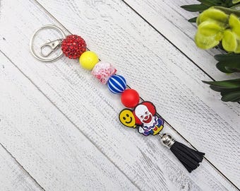 Scary Horror Clown Keychain With Silicone Charm Blood Splatter Bead 7" Key Ring