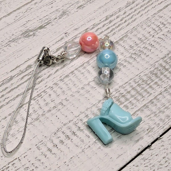 Barbie High Heel Shoe Phone Strap Blue And Pink 6" Phone Charm Handmade