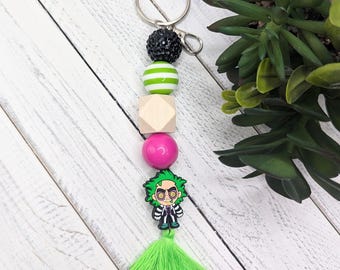 Beetle Guy Horror Keychain With Silicone Charm 6.5" Key Ring Key Fob Tasseled