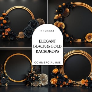Elegant Black & Gold Digital Photography Backdrop - Dramatic Flowers - Gatsby Style - Modern Photography Backdrop - Birthday - Anniversary
