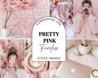 May include: A collage of images featuring pink and white colours. The images include a pink bicycle, a cup of coffee, a laptop, a woman in a pink sweater, and a vase with dried flowers. The text "PRETTY PINK Faceless STOCK IMAGES" is displayed in the centre of the collage.