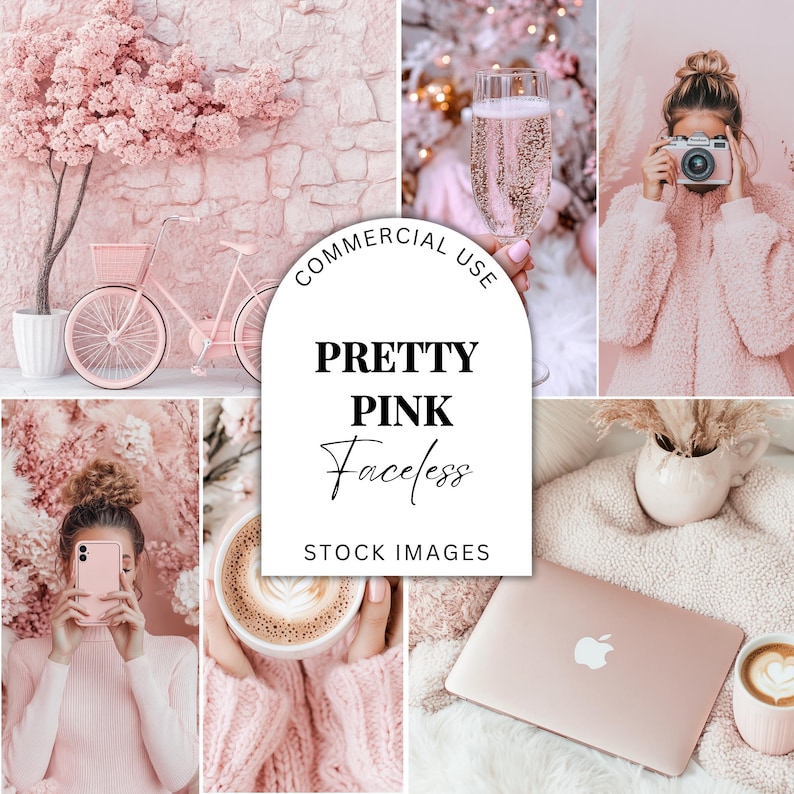 May include: A collage of images featuring pink and white colors. The images include a pink bicycle, a cup of coffee, a laptop, a woman in a pink sweater, and a vase with dried flowers. The text "PRETTY PINK Faceless STOCK IMAGES" is displayed in the center of the collage.