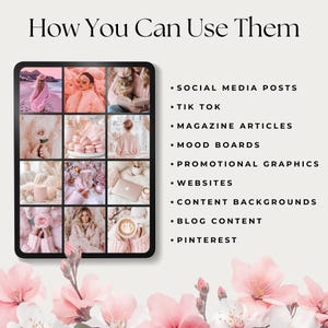 May include: A collage of images showing different ways to use digital photos, including social media posts, Tik Tok videos, magazine articles, mood boards, promotional graphics, websites, content backgrounds, blog content, and Pinterest.