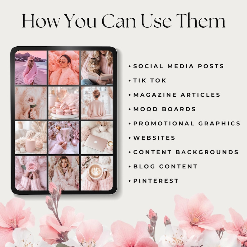 May include: A collage of images showing different ways to use digital photos, including social media posts, Tik Tok videos, magazine articles, mood boards, promotional graphics, websites, content backgrounds, blog content, and Pinterest.