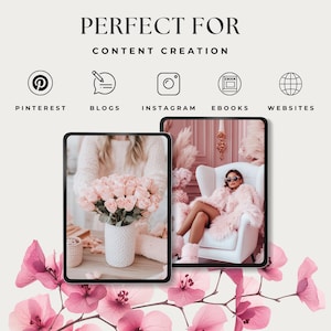 May include: Two images on a tablet screen. The first image shows a bouquet of pink roses in a white vase. The second image shows a woman wearing a pink fur coat sitting in a white armchair. The background is pink.