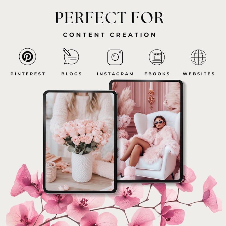 May include: Two images on a tablet screen. The first image shows a bouquet of pink roses in a white vase. The second image shows a woman wearing a pink fur coat sitting in a white armchair. The background is pink.