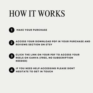 May include: A guide titled "HOW IT WORKS" in a stylish font, detailing the steps for a purchase. The numbered steps explain accessing a PDF, using Canva, and contacting support. The background is a soft, neutral colour.