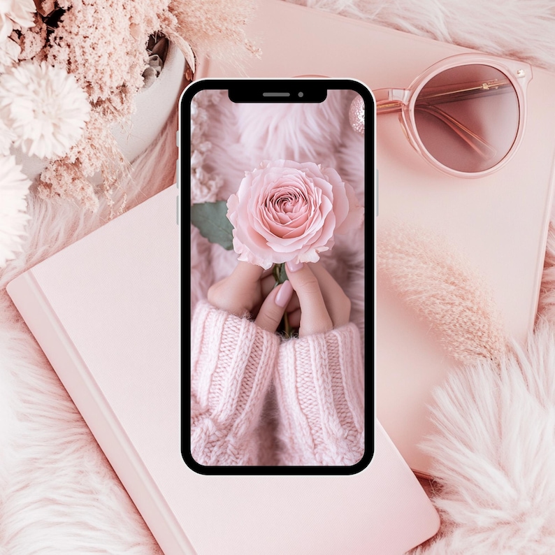 May include: A pink rose held in hands wearing a pink knitted sweater. The phone screen is a close-up of the rose and hands.