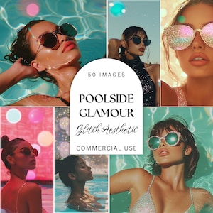プールサイドの魅力的なストックフォトバンドル - グリッチ美学 - Instagram 向けの高級ストック画像 - シュールなエディトリアル & ファッション写真