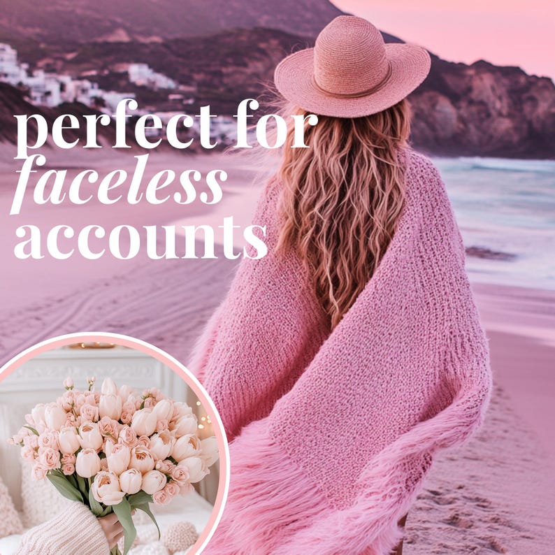 May include: A pink knitted shawl with fringe trim, worn by a person with long, wavy hair and a straw hat. The text "perfect for faceless accounts" is superimposed on the image.