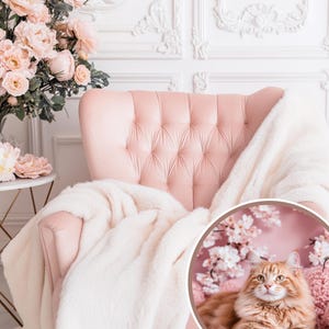 May include: A pink tufted armchair with a white faux fur throw draped over it. The chair is in a room with white walls and ornate molding. A cat is sitting on a pink surface with pink flowers in the background.
