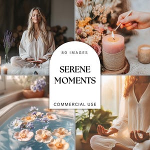 May include: A collage of four images showcasing a serene and calming atmosphere. The top left image features a woman meditating in a white robe. The top right image shows a lit candle with a floral arrangement. The bottom left image shows a bathtub filled with water and flowers. The bottom right image shows a woman meditating in a white robe.