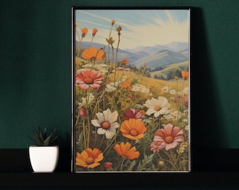 Sunny Meadow Blooms - Vibrant Digital Art of Flower Field with Sunrise, Printable Nature Landscape