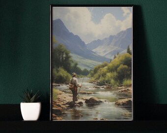 Fly Fishing Tranquility in a Mountain Stream - Digital Landscape Painting