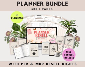 May include: A digital product bundle featuring 20 printable planners with over 500 pages. The bundle includes a variety of planners, such as a beauty planner, a travel planner, and a productivity planner. The image also shows a laptop with the text "Planner Resell Bundle" on the screen. The bundle includes PLR and MRR resell rights.