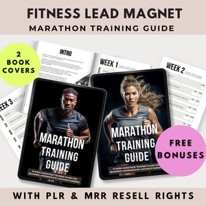 May include: Two digital book covers for a marathon training guide. The covers feature a man and a woman running. The text on the covers reads "Marathon Training Guide" and "16 Week Marathon Training Plans for Beginner/Intermediate/Advance Runners".