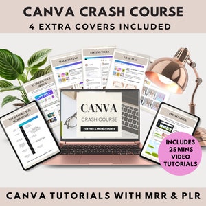 May include: A pink laptop computer with a white screen displaying a Canva Crash Course for free and pro accounts. The laptop is surrounded by various digital design tutorials, including a tablet showing a photo grid, a tablet showing a workspace, and several sheets of paper with instructions on how to use Canva. The image also includes a desk lamp and a potted plant.