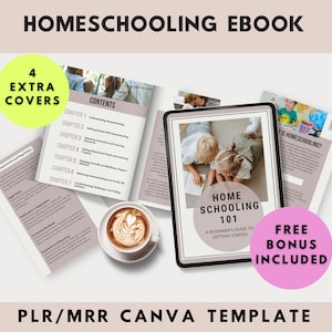 Puede incluir: Una maqueta de producto digital para un libro electrónico sobre la educación en el hogar. La portada presenta una foto de dos niños sentados en el suelo con un libro. El título del libro electrónico es "Home Schooling 101: A Beginner's Guide to Getting Started". El texto "Free Bonus Included" está en un círculo rosa.