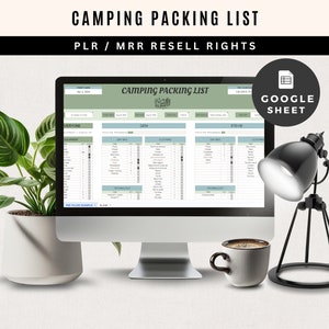 May include: A computer screen displaying a Google Sheet titled "Camping Packing List" with a checklist for camping gear, clothing, and technology. The sheet is divided into sections for "Everyone", "Gem", and "Stevie".