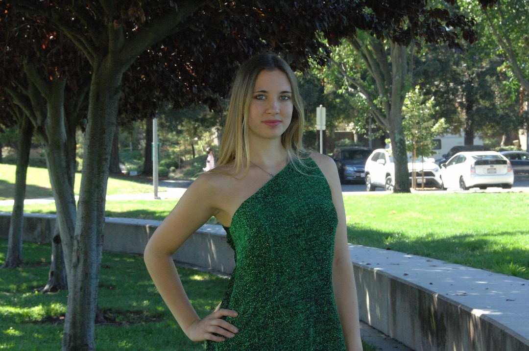 Shimmering Green, Sparkle, Asymmetrical Shoulder, Long Women Dress