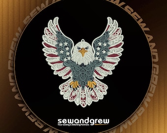 May include: An embroidered patch featuring a bald eagle with wings spread wide. The eagle has a white head, yellow beak and talons, and dark gray body feathers. The wings incorporate white stars and red and white stripes. Text reads SEW AND GREW.