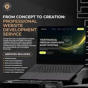 Op de afbeelding: Een zwarte laptop toont een website-ontwerp met de tekst "YOUR FINANCIAL FREEDOM STARTS WITH SMART INVESTING." De afbeelding promoot professionele website-ontwikkelingsdiensten, inclusief ontwerp en e-commerce ontwikkeling.