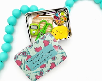 Crochet Notions Tin for Crochet Supplies Needle Gauge for Crochet Gift for Mother's Day Stitch Markers for Crochet Box of Crochet Notions