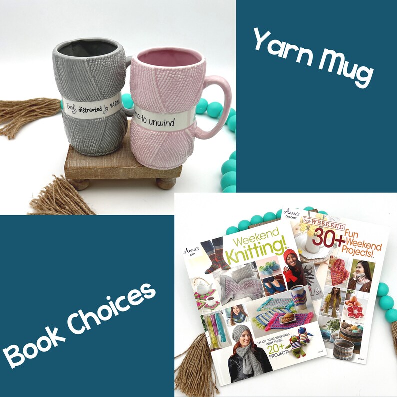 May include: Two ceramic mugs with yarn-like texture. The gray mug says "Easily distracted by yarn" and the pink mug says "Time to unwind". The mugs are on a wooden stand with a tassel on the left side. The background is a teal blue with the words "Yarn Mug" in white text.