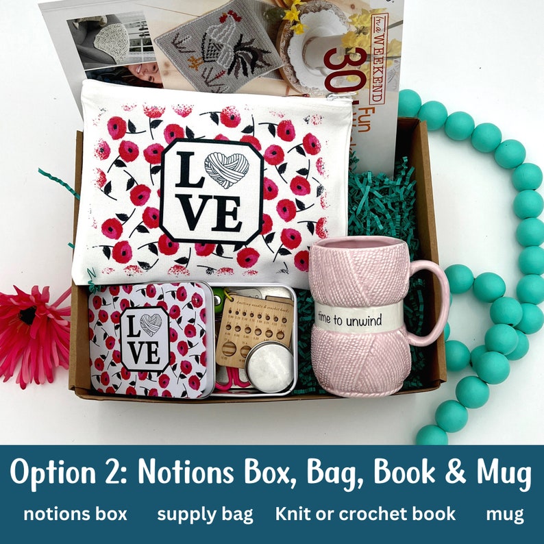 A mother's day gift box that includes a yarn mug, knitting notions tin, and a crochet supply bag.  Also included is a crochet pattern and instruction book.