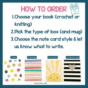 Puede incluir: C&oacute;mo pedir un libro de crochet o tejido, elegir una caja y una taza, y seleccionar un estilo de tarjeta de felicitaci&oacute;n. Se muestran cuatro dise&ntilde;os de tarjetas de felicitaci&oacute;n: puntos, arco&iacute;ris, sol y coraz&oacute;n y l&iacute;neas.