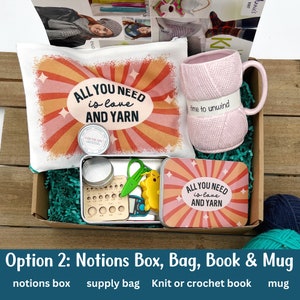 Yarn mug, knitting tin, crochet bag, crochet book in a knitting gift box