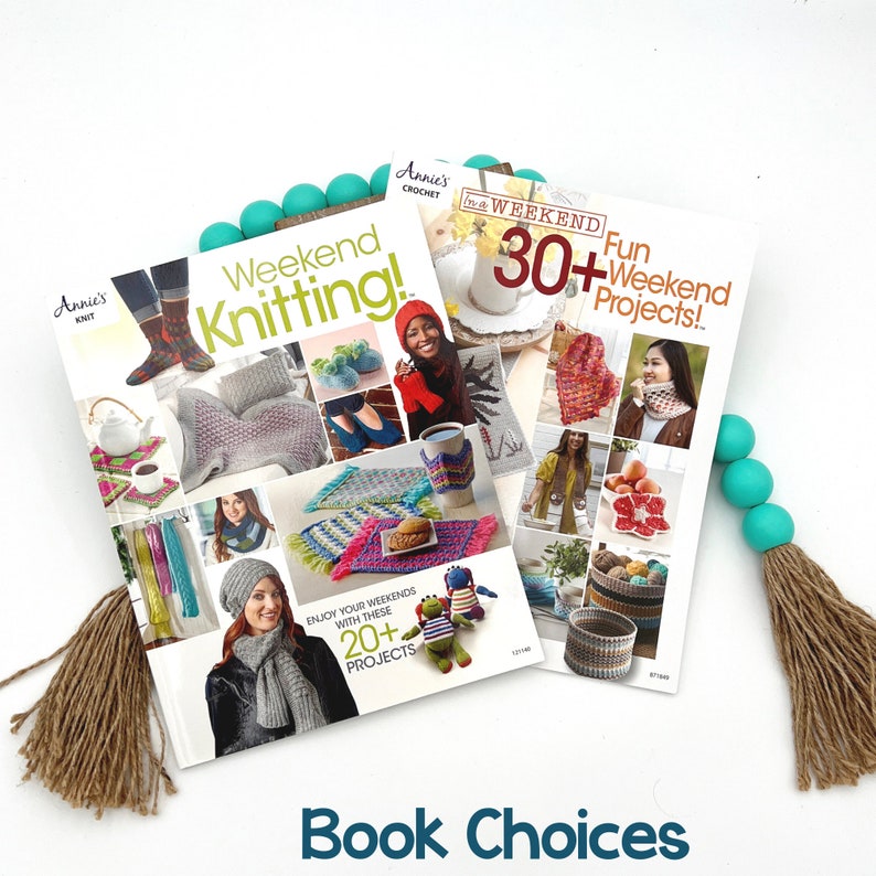 A knitting and crochet book are shown on a white background