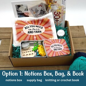 crochet gift box that includes a crochet book, knitting bag, crochet notions tin and lip balm