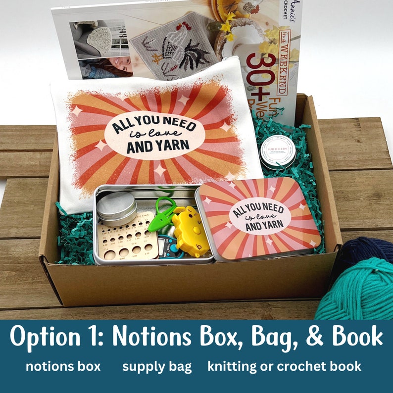 crochet gift box that includes a crochet book, knitting bag, crochet notions tin and lip balm