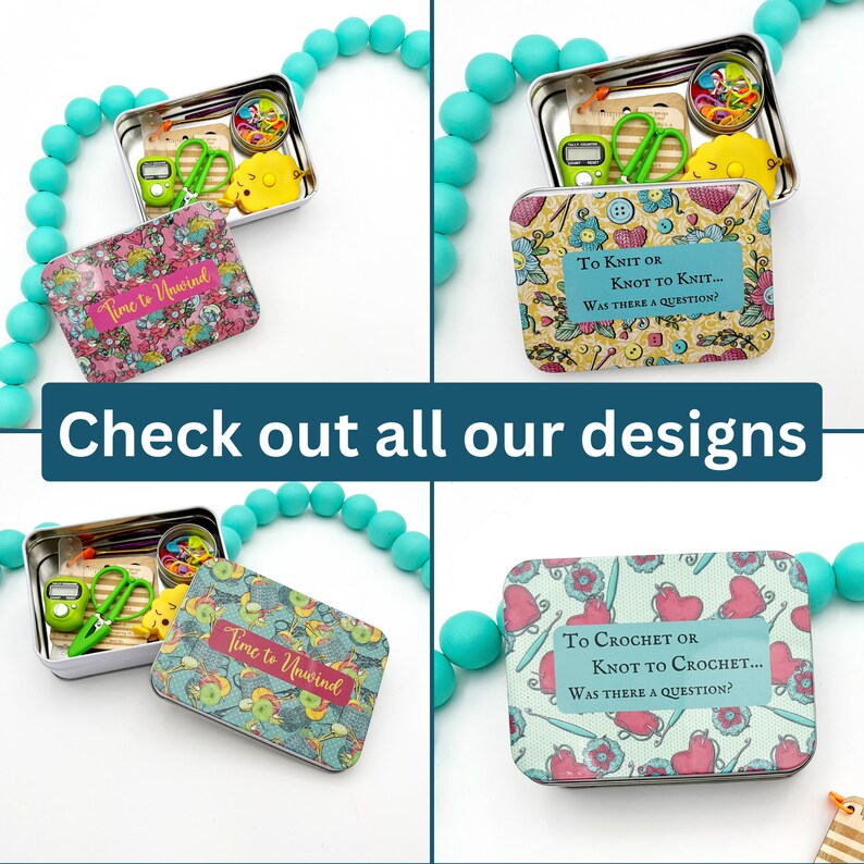 Picture shows 4 different designs for the notions tin.