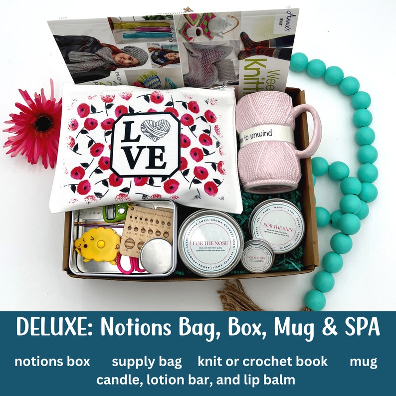 The knitting gift box includes crochet notions box, knitting supply bag, yarn mug, candle, lip balms, and lotion bar.