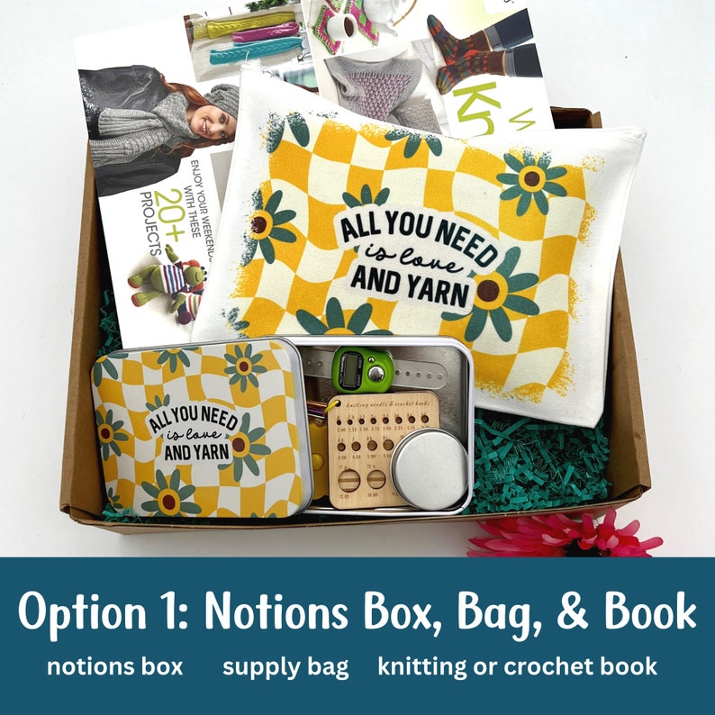 Picture shows a gift box of crochet supplies.  The crochet notions tin has a retro floral design with various crochet and knitting notions inside.  There is also a pattern book.