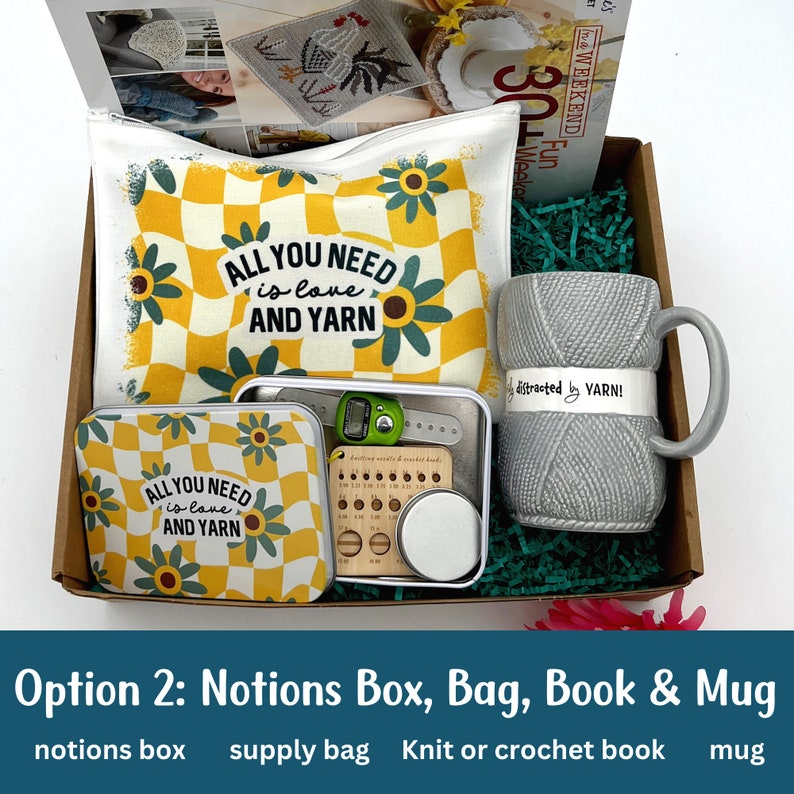 The knitting gift box had various yarn themed items.  There is a yarn looking mug.  There is a crochet pattern book.  There is a supply bag that says All You Need Is Love and Yarn.