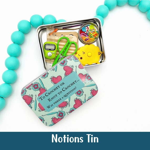Crochet Notions Tin for Crochet Supplies Needle Gauge for Crochet Gift for Mother's Day Stitch Markers for Crochet Box of Crochet Notions