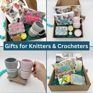 The image shows different gift items available for knitters and crocheters.