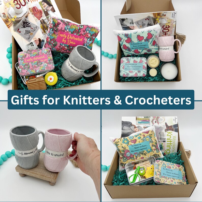 The image shows different gift items available for knitters and crocheters.