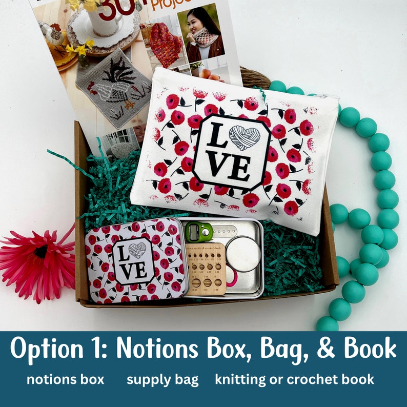 A crochet gift box with a crochet book, notions tin, and knitting supply bag.