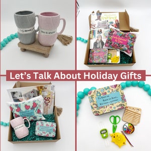 May include: An assortment of craft-themed gifts, including two yarn-textured mugs, a gift box with knitting supplies, and a tin with the text "To Knit or Knot to Knit... Was That a Question?". The image also includes a counter and scissors.