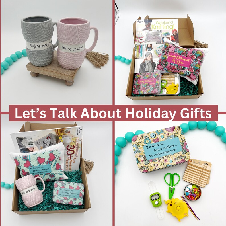 May include: An assortment of craft-themed gifts, including two yarn-textured mugs, a gift box with knitting supplies, and a tin with the text "To Knit or Knot to Knit... Was That a Question?". The image also includes a counter and scissors.
