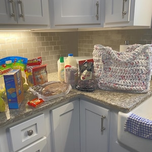 アップサイクルプラスチックトート、かぎ針編みマーケットバッグパターン（2サイズ）（PDFパターン）