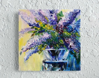 Lilac Bush Acrylic Painting Floral Original Art Lilac Branch Handmade Gift for Her Small Wall Art Spring Blooms Impressionist Flowers