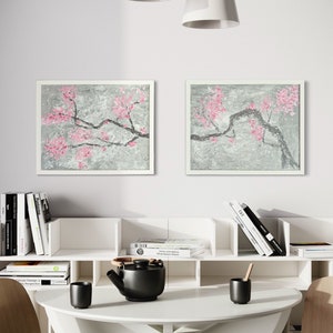 Hand Painted Cherry Blossoms Set 2 Acrylic Painting Diptych Japanese Sakura Branch Bedroom Decor Canvas Over Bed Wall Art Sakura Blossom