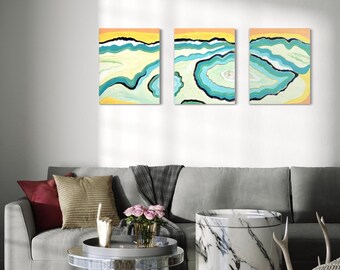 Trittico astratto in acrilico dipinto a mano, set di opere d'arte da parete in stile moderno di metà secolo