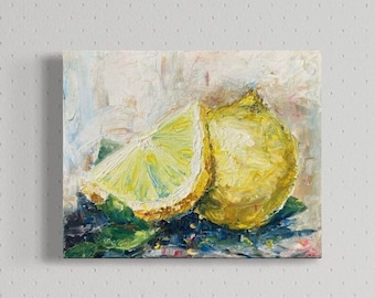 レモンの絵画：オリジナル油彩インパスト静物画、12x12 - Etsy 日本